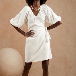 Banana Republic Linen Blend Ivory Wrap Dress Balloon Sleeves Size XS